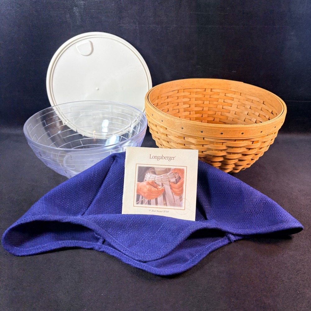 Longaberger 9-inch Bowl Basket 12785 Navy Liner Protector Lid 2002 USA Handwoven